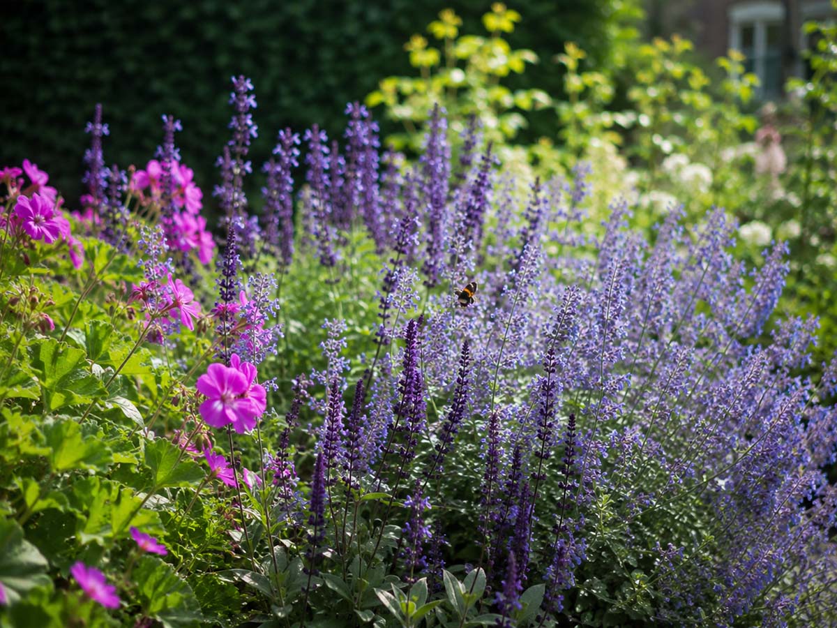 Border in juni met Salvia, Kattenkruid en Ooievaarsbek