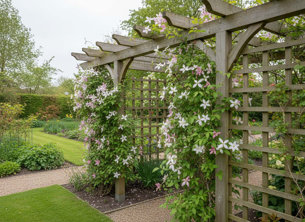 Clematis montana langs een schutting