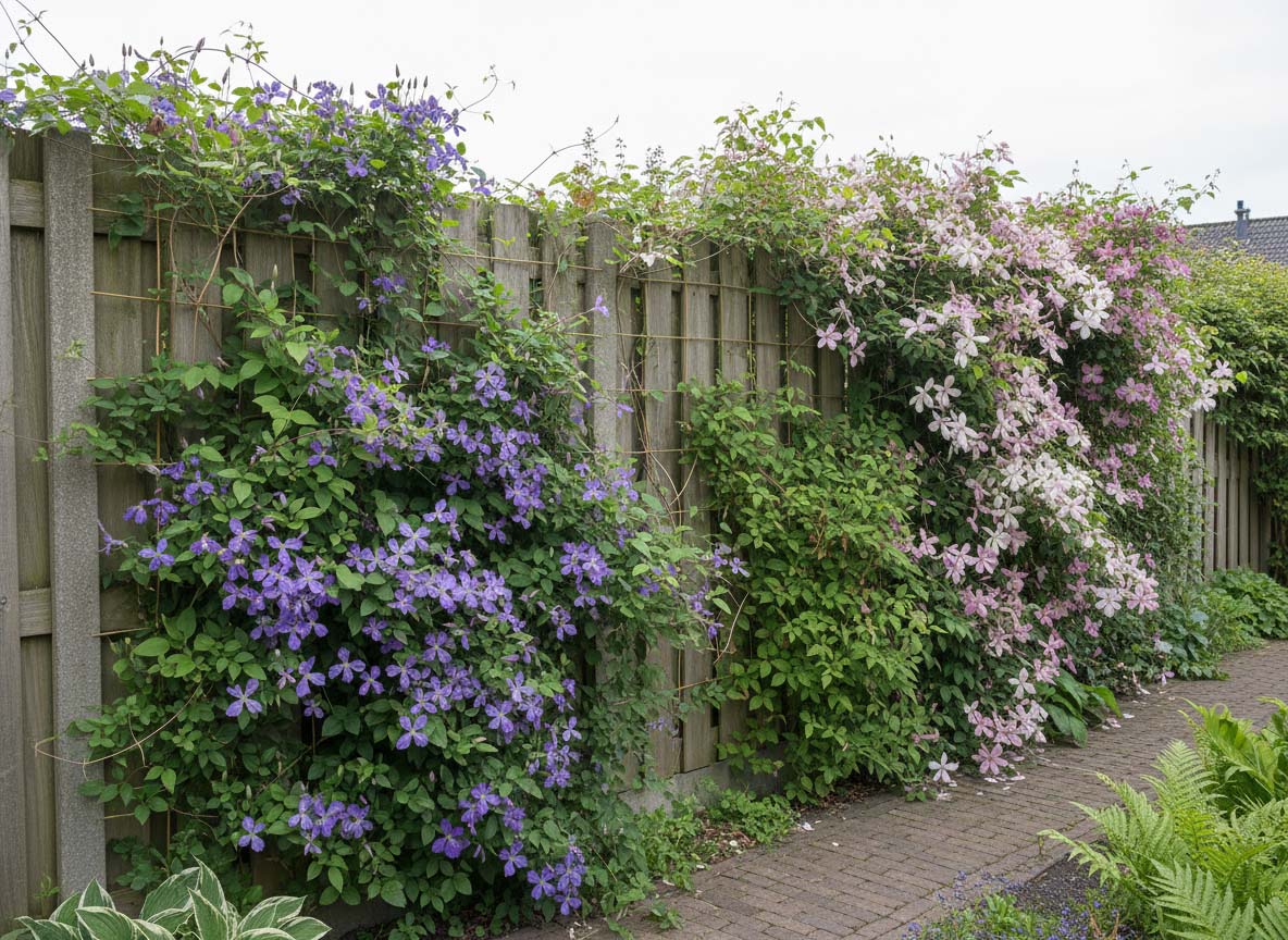 Schutting vrijwel volledig begroeid met Clematis