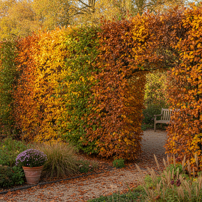 Haie de hêtres aux magnifiques couleurs d’automne dans le jardin